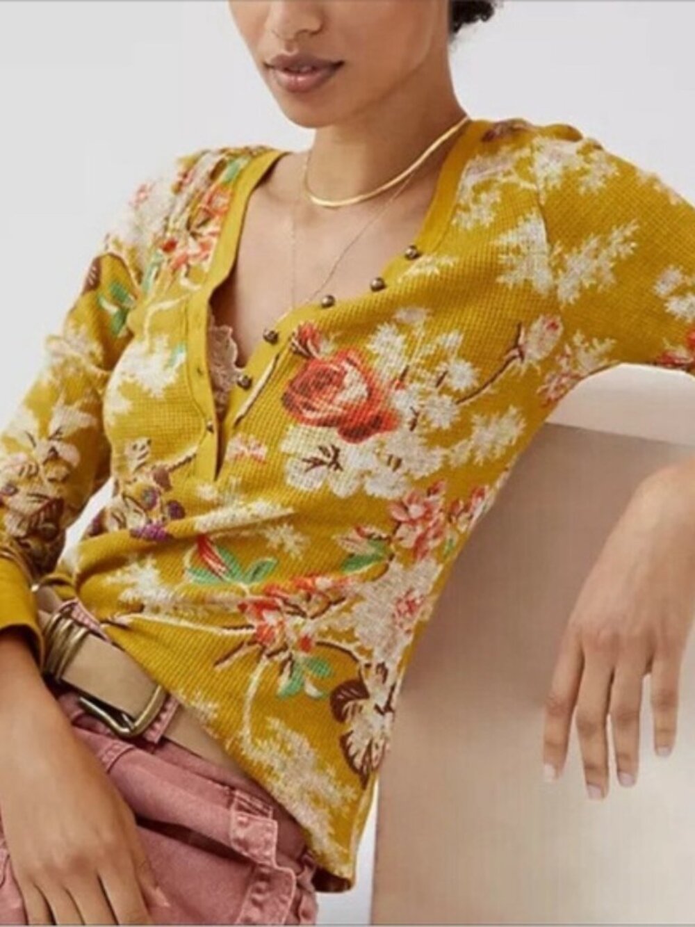 Anthropologie Pilcro Waffle Knit Floral Henley Top Size L